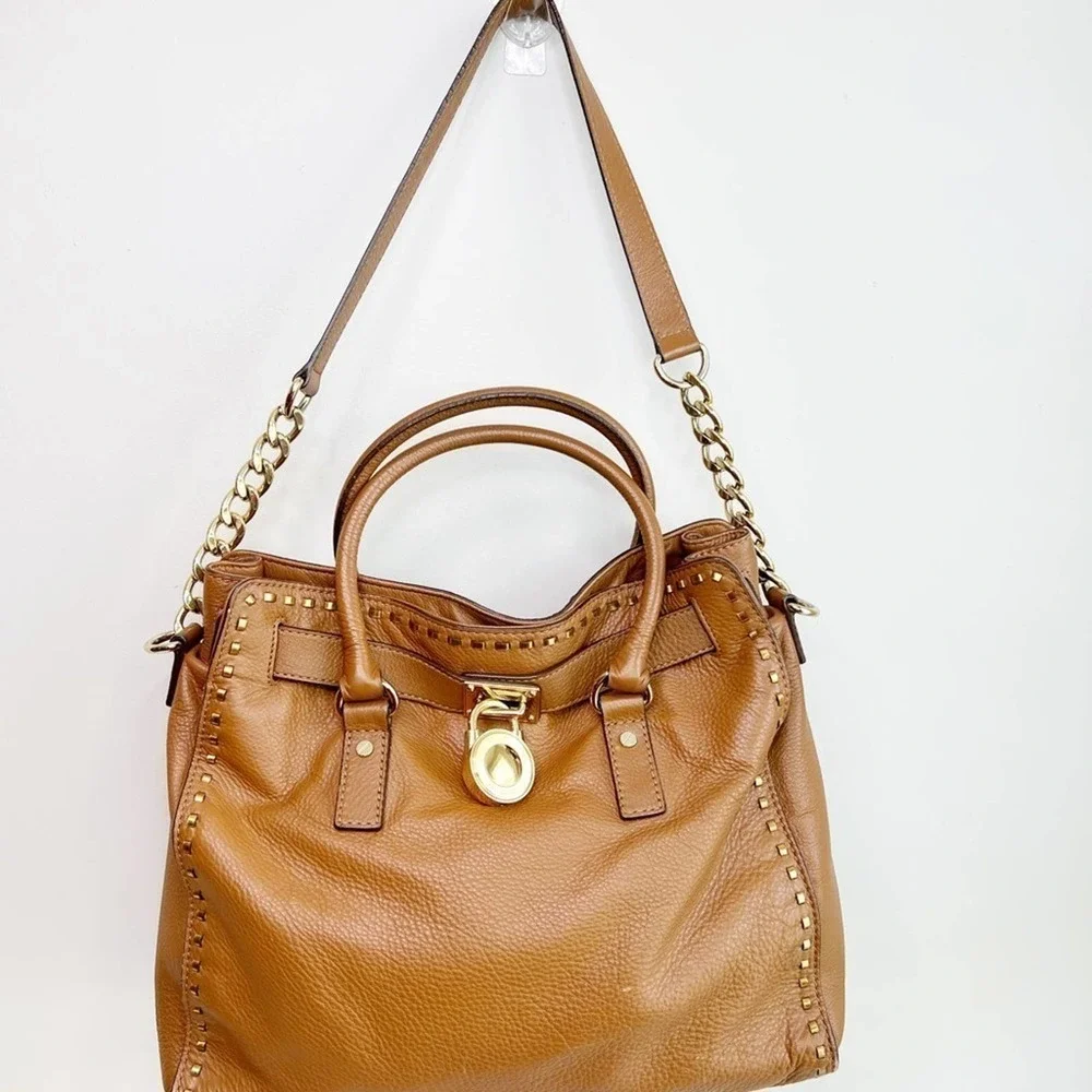Michael Michael Kors classic cognac saffiano structured satchel embellish